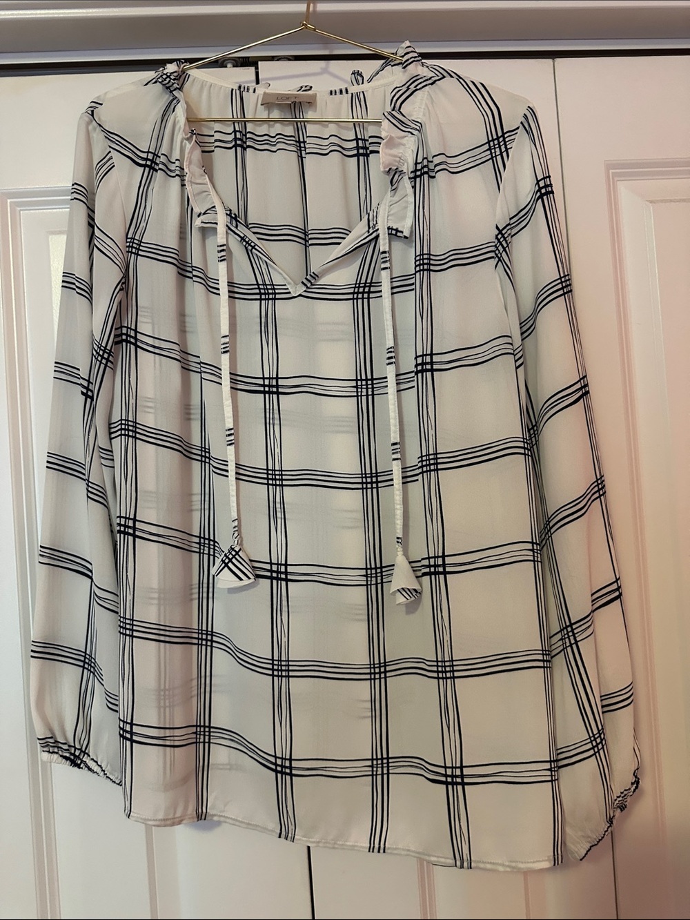 LOFT Outlet White Blouse with Black Windowpane Plaid